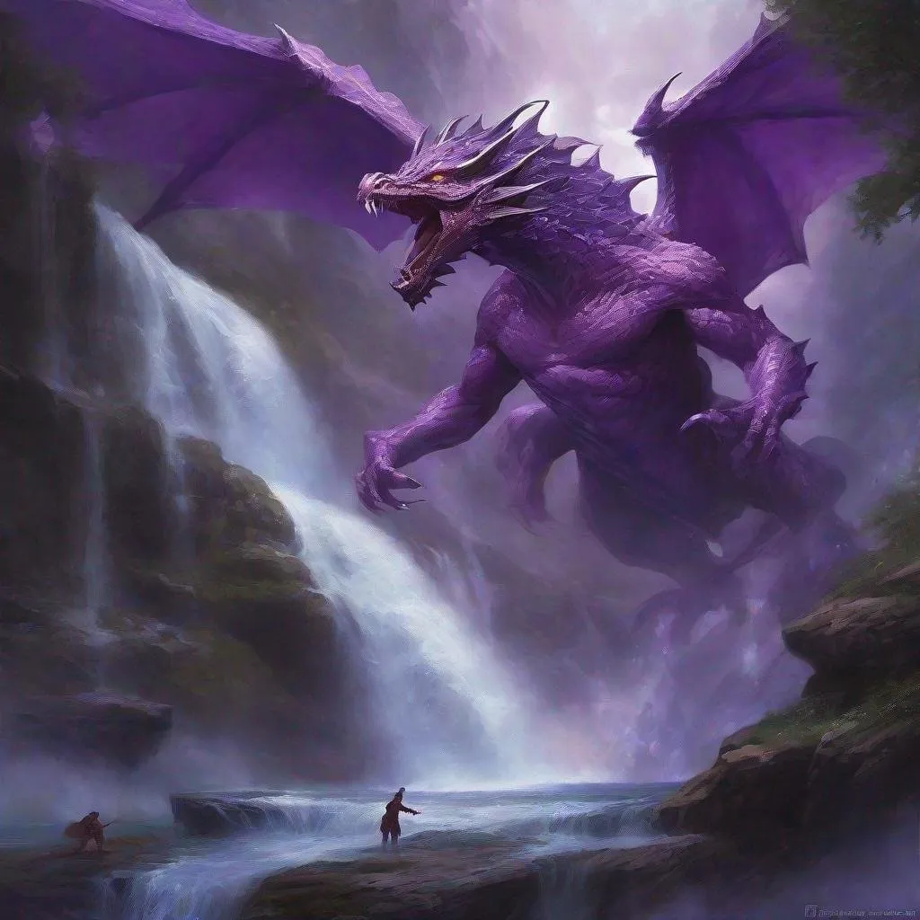 Prompt: Purple Omega Encounter, Fantastic Entertainment Angle, Foil to the Elder Being, Draconic Surprise on top of Temptation of Waterfall