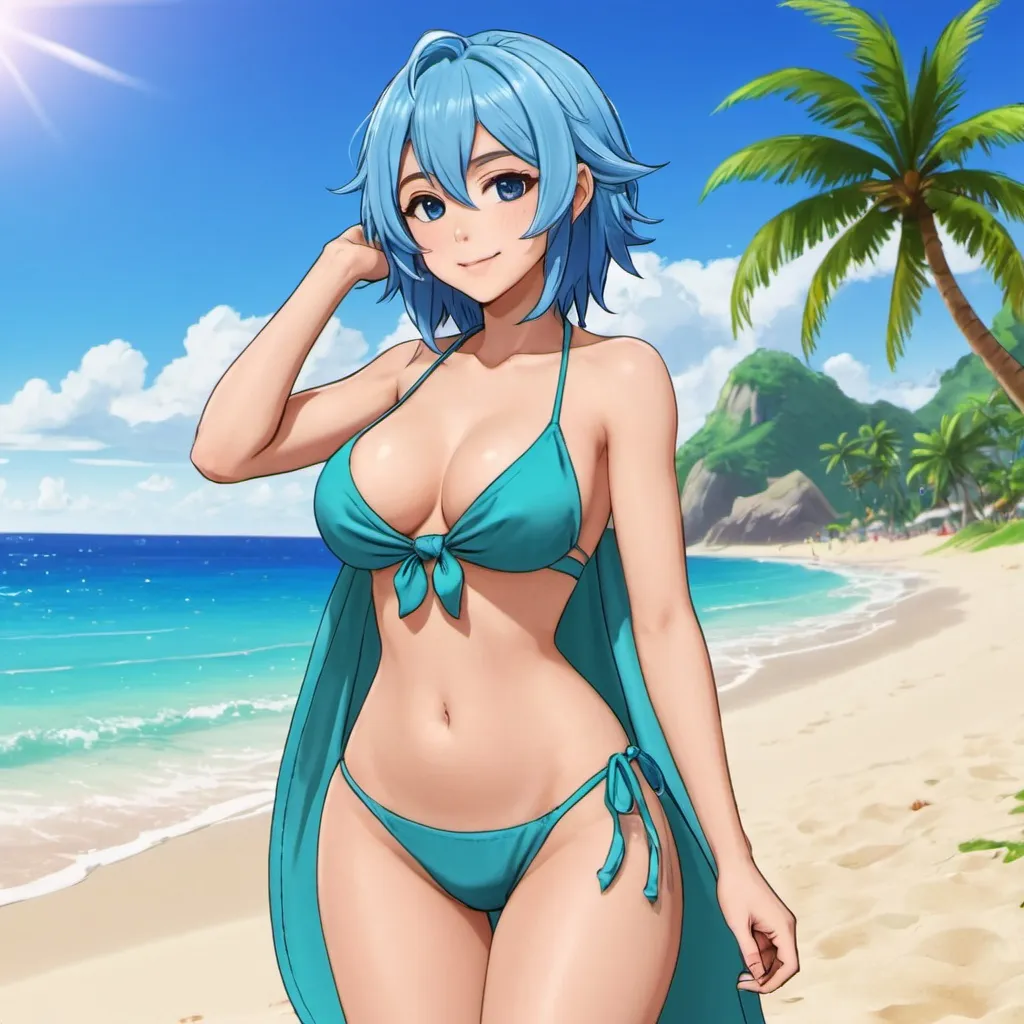 Prompt: Blue_Hair, Oobele {Large}, Flirty, Drunk, Beach Vacation Style RPG Anime, Coconut Beach Towel, Half Dressed, Sprout Boom-Play YouTube Mastery