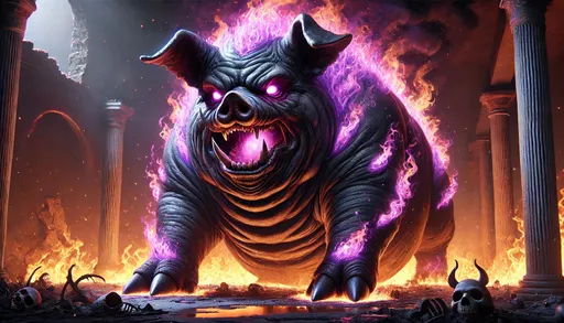 Prompt: Make a big fire greed pig, with purple flames and large teeth