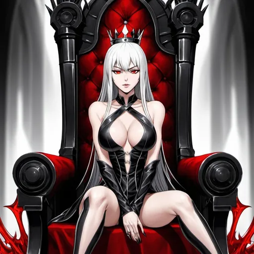 Prompt: Gorgeous Queen of Hell, NEVS, Swept Bangs, Perceiving Red_Eyes, Anime, Black/White Hair, Sitting Cross Legged on Throne, True Devout Power, All Ending Ambition