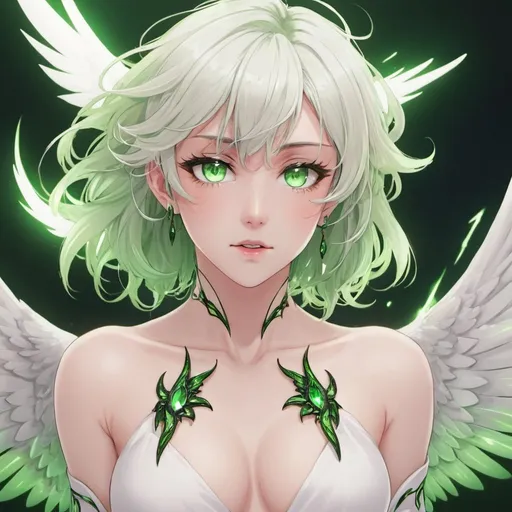 Prompt: YVTL Demonness, Bright Shiny White Wings & Hair, Green_Aura, Green_Eyes, Decreasing Volume Factor 2/9, Anime, Top Shuffle Dynamic Small Features, Graceful Natural Soul