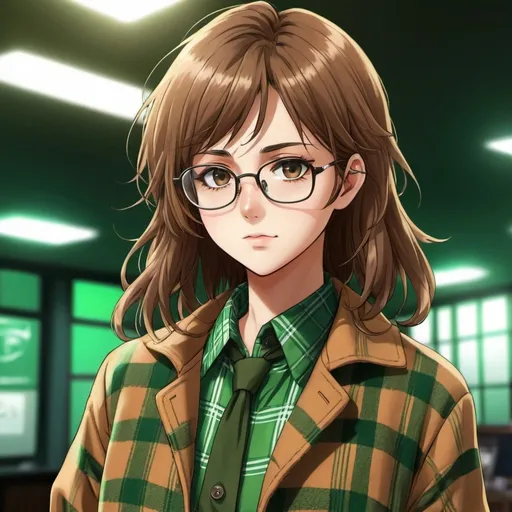 Prompt: Brown Shaggy Hair, Glasses, Green_Shirt, Green Aura, Plaid Overcoat Dresswear, Serious MathGirl, SunWire Tapping, High Res Anime, 