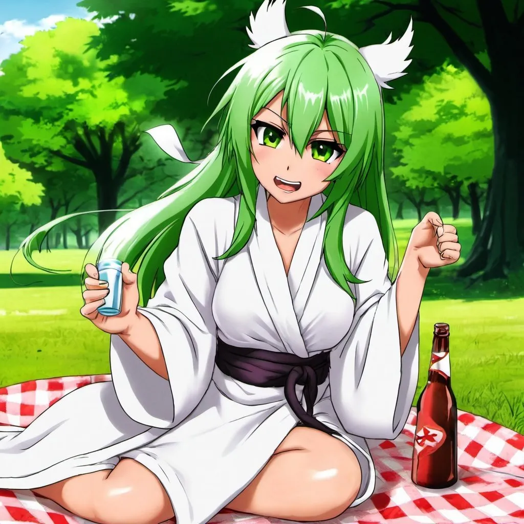 Prompt: Green_Hair, Puffy Dragon Girl, Drunk, Madness Extroverted, Confident, Soft-White_Robe, Blind Warrior of 50 Legions of Demons, Anime, Picnic Spring, Unsightly Moron