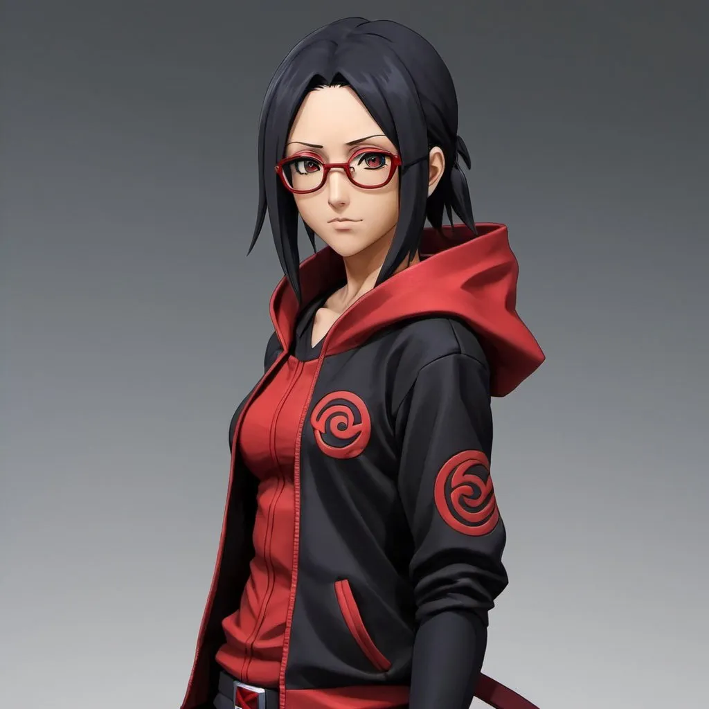 Prompt: Sarada Uchiha, 30 years old, Anime, High Detail, Akatsuki Outfit