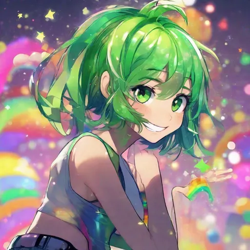 Prompt: Green_Hair, Tank Top, Short-Short (Shine) Jubbielen Anime, Rainbow Sparkles, Shake and Skate, Rubber Bassnoise