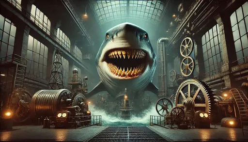 Prompt: Large Shark in Industrial Looming Factory tank, Shark as Large Toothy grin with Golden Teeth, Gearbox Classic Evil