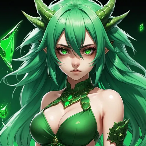 Prompt: Green_Hair, Puffy Dragon Girl, Drunk, Terrible Vast Powers, Blind Warrior of 50 Legions of Demons, Total Energy Clutch, Anime, Pure Monster Mode, Ideal Collective Radiance