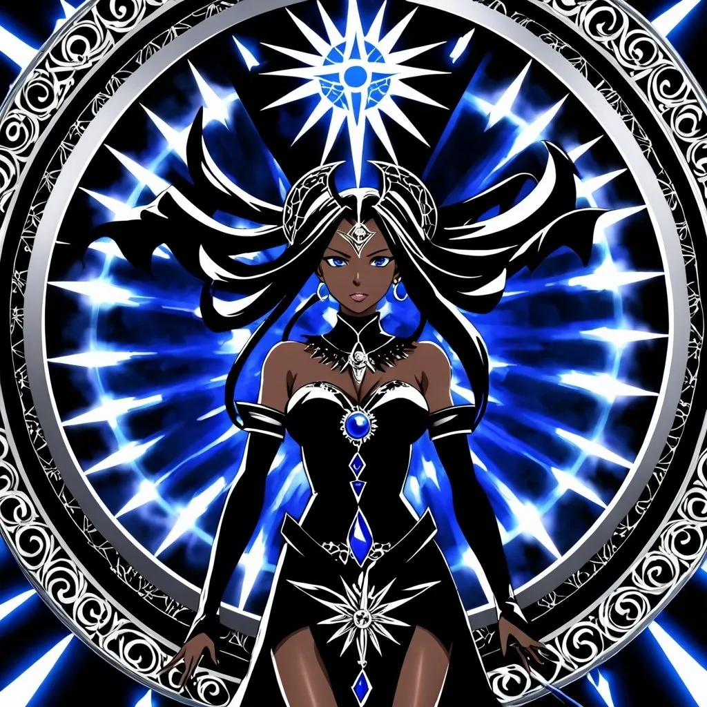 Prompt: Blue_Eyes, African, Archer Queen, Antares Death Wheel Witch, True Power, Baphomet Iron Steel, Anime, Crystal Knows IV