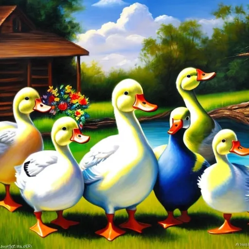 Prompt: Artist at Peace Making Painting, Has a Strange Family, Many Ducks Involved, Good Sunday Mission