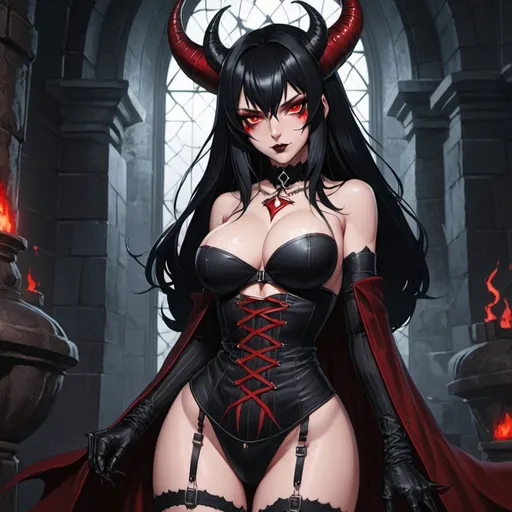 Prompt: Jet-Black Hair, Red_Eyes, Fishnets, Witch of Supreme Order, Respectable Succubus, Imposing, Wrapped Bandages, Intermediate Requirement