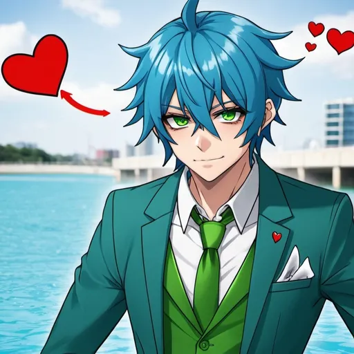 Prompt: Blue_Hair, Green Suit, Drunk, Embarrassed, 😩, Anime, Laced, Cupid Demonic Satan, Water Trade Reveal, NEXUS Anonymous, 