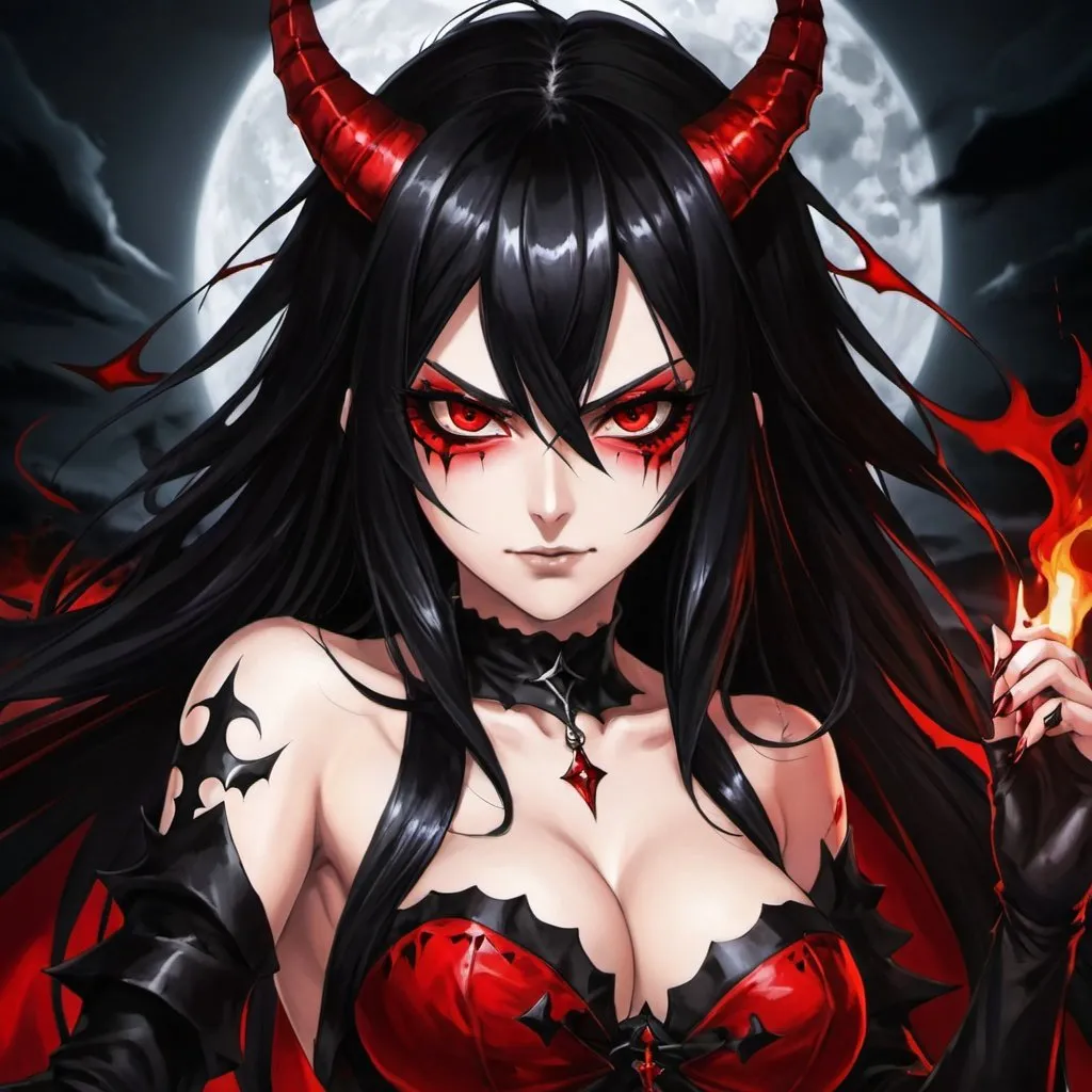 Prompt: Black_Hair, Sharp Red_Demon Eyes, Heavy Black Oil, Wild Free, Drunk, Witch of Chaos and Malice, Anime, Fearless and Cunning, Terrible and Evil, Rude and Selfing, Haughty