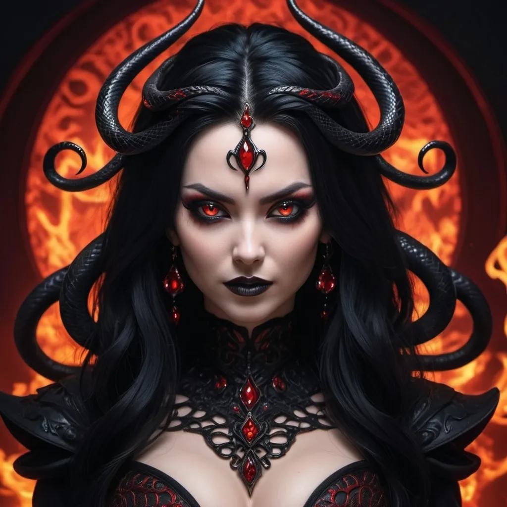 Prompt: Evil Majestic Satanic Queen, Jet_Black Hair, Anime, Red Snake Eyes, Viper Evil, True Malus Force Powers