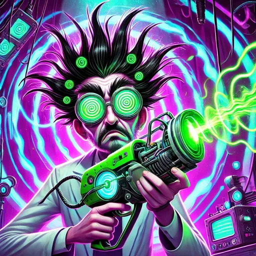 Prompt: Googly Eyes, Black_Hair, Crazy Scientist, Green-Portal Gun, Waves of Psychic Energy