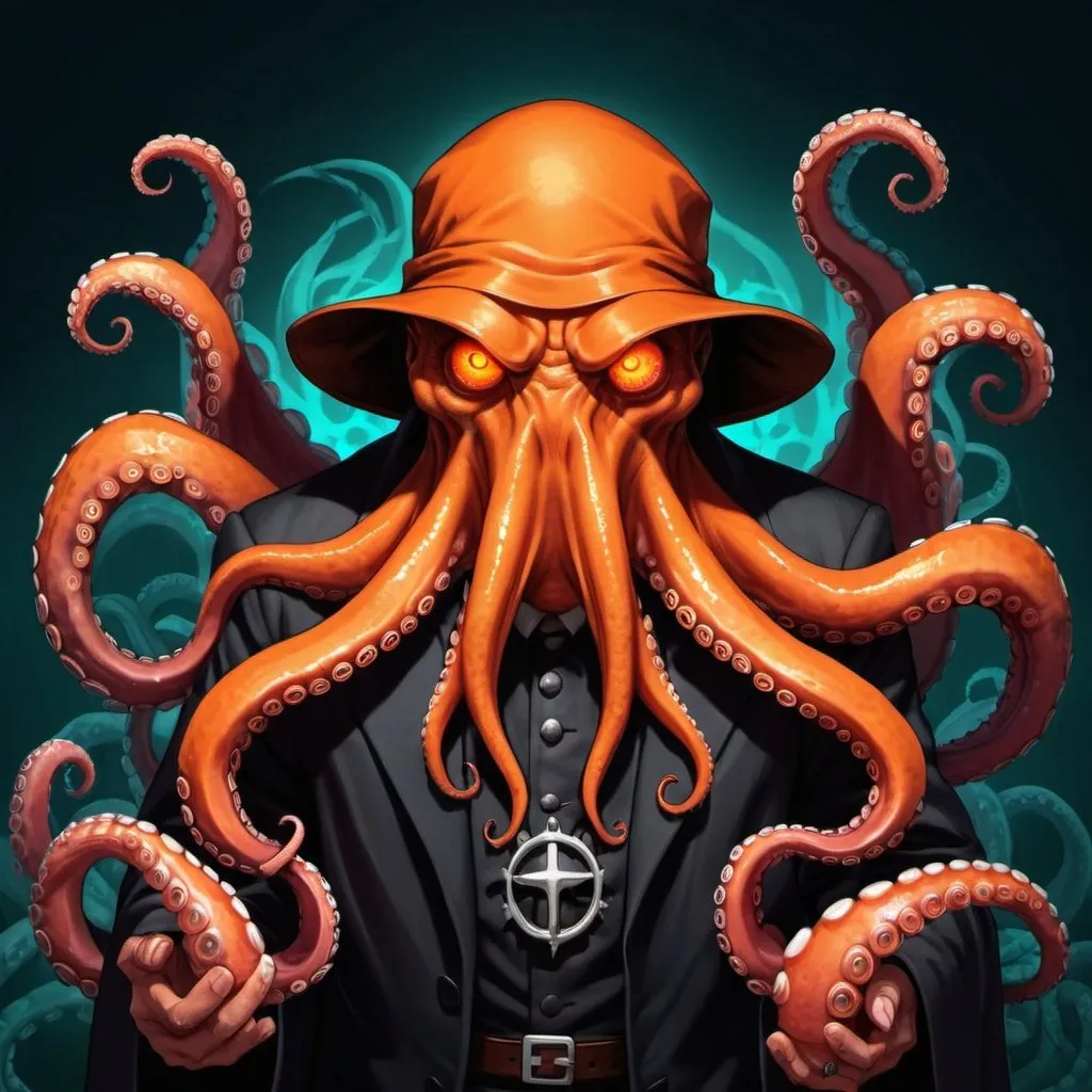 Prompt: Psycho Mage Pastor, Glowing Orange Eyes and Fangs, Notorious Corporation, Tentacles, Octopus Mayhem 