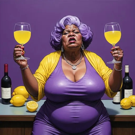 Prompt: Big Mama Bertha, Final Rage of Court Case, Flowing Purple Sadness, Wine of Anarchy, Lemons by Daniel Overwall