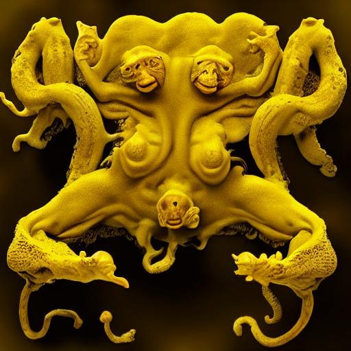 Prompt: Yellow Mustard Goop, Spotted Monkey Gobby, by Ars Goetia and Max Delmontano. Gains and Dives, Old and Wise, Desert Theme 