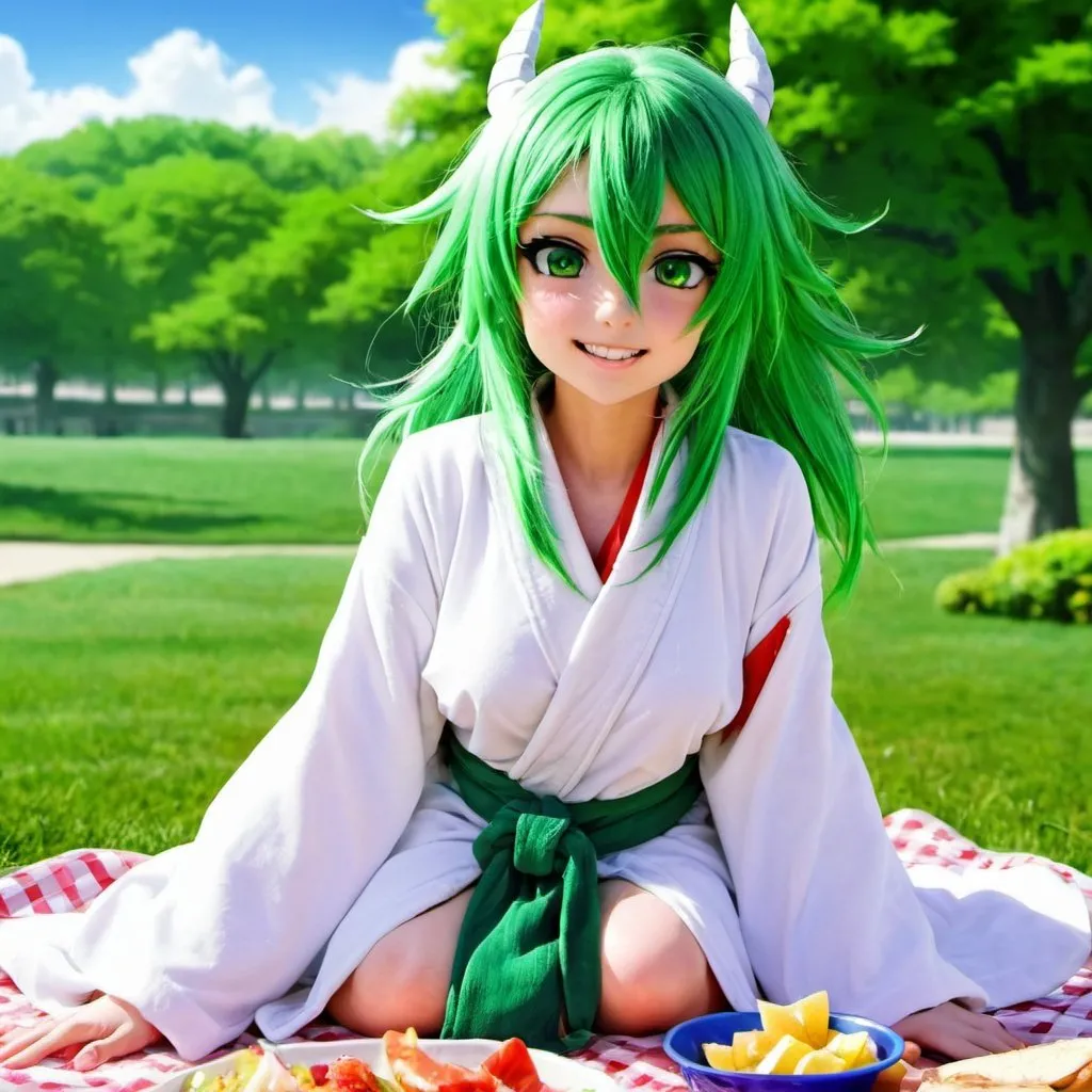 Prompt: Green_Hair, Puffy Dragon Girl, Drunk, Madness Extroverted, Confident, Soft-White_Robe, Blind Warrior of 50 Legions of Demons, Anime, Picnic Spring, Unsightly Moron