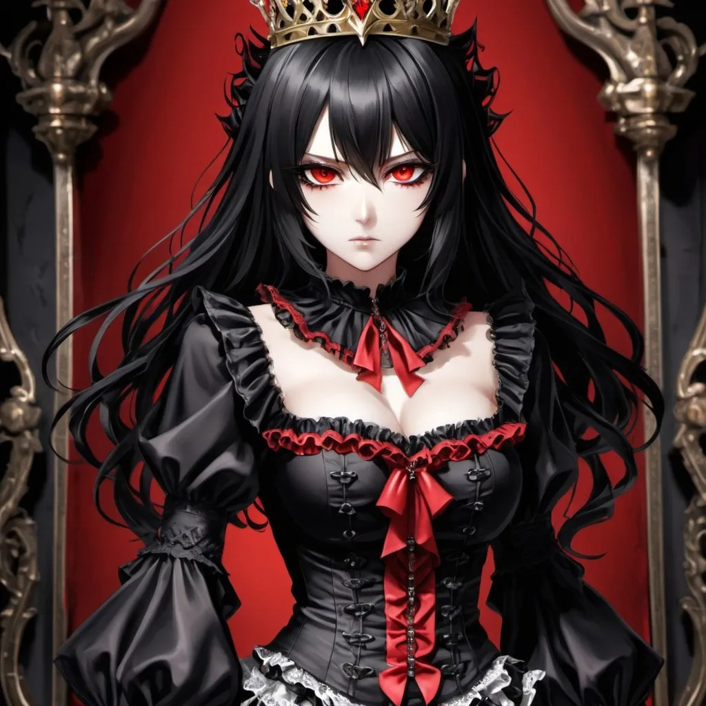 Prompt: Black_Hair, Red_Demonic Eyes, Frilly Mono-Blouse, Immersive Deviance, Anime, Truly Immoral Queen, Destroy and Fasion