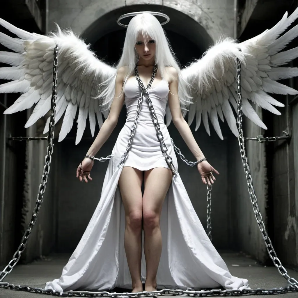 Prompt: White_Hair, :0, Angel in Chain, Hung Up, BallnChain, Torn Robe, Fearful, Tormented, Shaken Hope, Dangling Legs, Prison, Beaten and Hurt, Give Up, Broken Angle Wings, Sewer, Ambient Drone