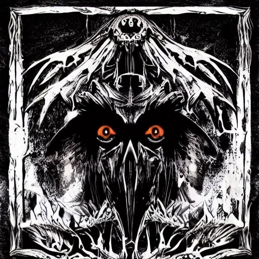 Prompt: Metal Cover of Monster Crow Wood Burning Ritual