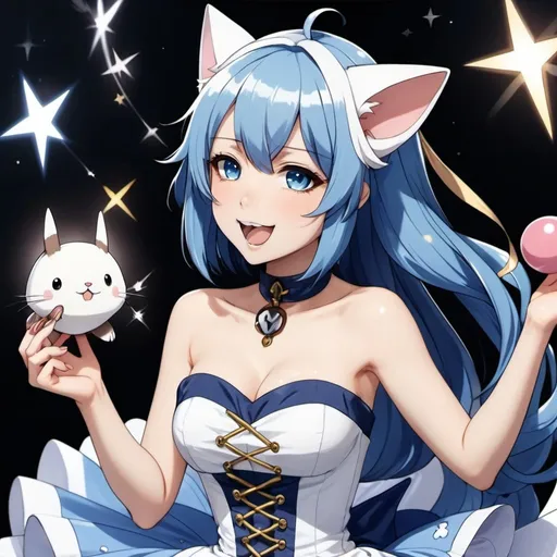 Prompt: Bleached Tongue, Blue_Hair, Wild, Strapless Clip Dress, Sparkling Dress, Furret Turrets, Anime Anchor Z, High Quality