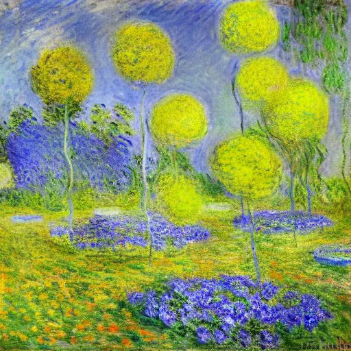 Prompt: Blue Splotches, Yellow Garden by Claude Monet