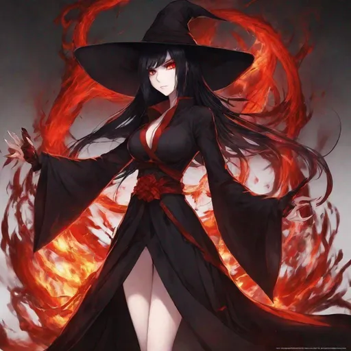 Prompt: Red Flame, Cursed Energy, Black_Sludge, Evil Woman, Black_Hair, Witch of Complete Void, Anime