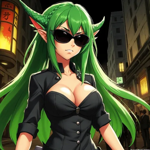 Prompt: Green_Hair, Puffy Dragon Girl, Drunk, Angry, Black Sunglasses, Blind Warrior of 50 Legions of Demons, Anime, Federal Agent Staff, Ideal Collective Radiance