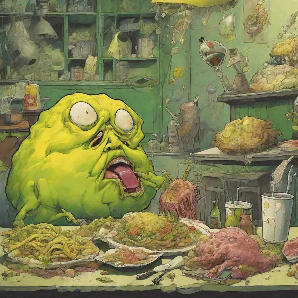 Prompt: Gobberlous GLuttonY, Greeny Ick Bile, Yellow Gross Illness. 