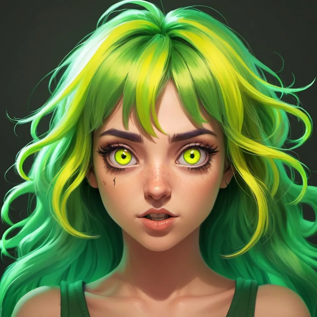 Prompt: Green_Hair, Void Eyes, no-nonsense, Trash Pasta Girl, Gleeful, Electric Power, Yellow Voltage, Thug Omnie Saturday