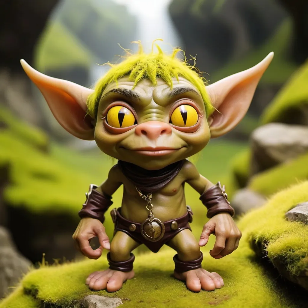 Prompt: Nose-tastic Goblin, Brown Skin, Yellow_Eyes, Yellow_Aura, Mossy Terrain, Master of Moo Moos