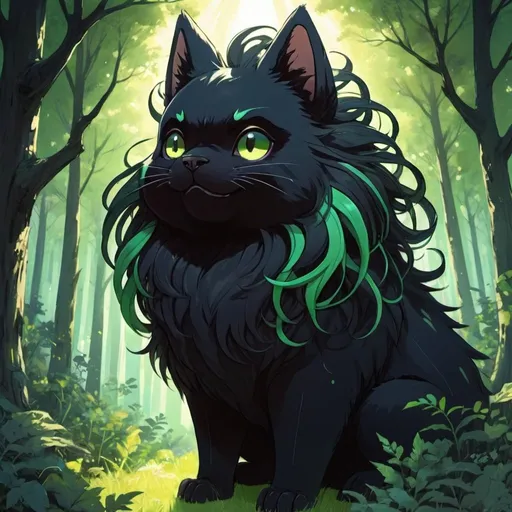 Prompt: Black_Hair, Electric Anime Deluxe, Crafty Squiggly Beast, Black Fur, Forest Peace, Puffy Greens, Bright Evening Sun