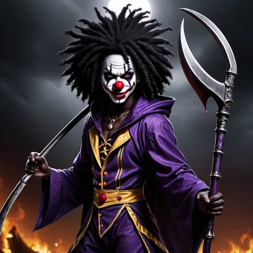 Prompt: Black_Hair, Ugandan, Long Tall Wavy Afro, Clown Nose, Pitch Dark Skin, Anime, Demonic Purple Scythe, Hooded Energy, Fun Juggalo Horror