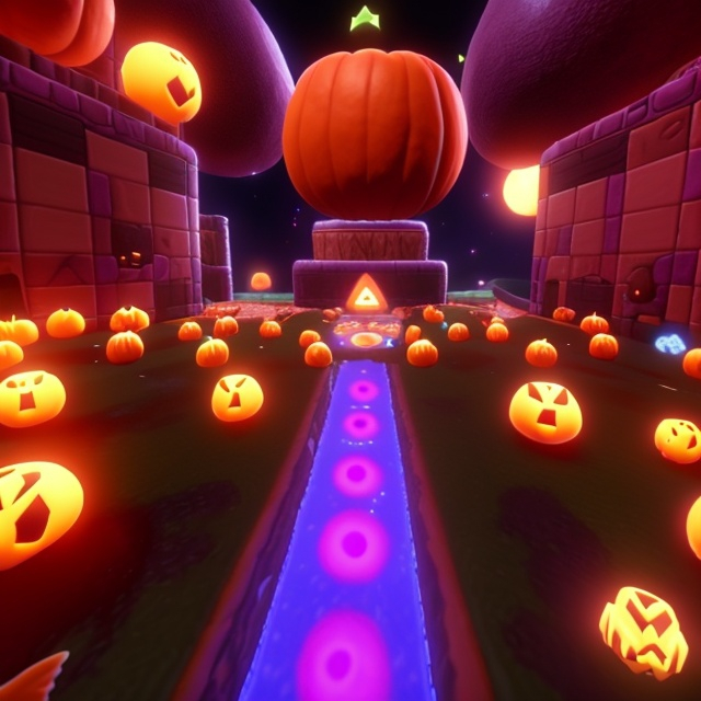 Prompt: Pumpkin Mario Stage, Purple Gravity ForceFlex, Amid-Orpher, tether Machine Labyrinth, Grimer