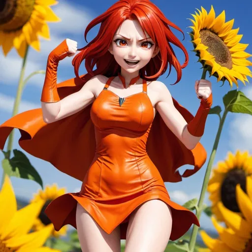Prompt: Red_Hair, Lava Anime Lady, Powers of Luck & Skill, Notorious, Radical Radius, Orange Dress, Leg Sheen, Tomboy, Cheer and Joy, Joy of Sunflower