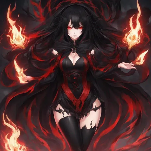 Prompt: Red Flame, Thigh_Highs, Cursed Energy, Black_Sludge, Revenge BeastMode, Evil Woman, Black_Hair, Witch of Complete Void, Anime