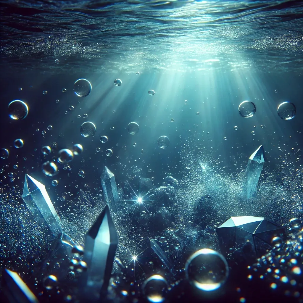 Prompt: blue ambient ocean, with bubbles and shiny fragments of crystals