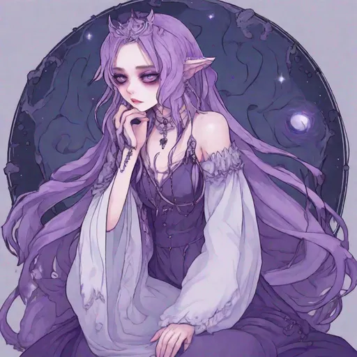 Prompt: Gradual Gradients, Duel Crossed, Void Witch, Muffled Backdrop, No Erased, Hollow-Sclera, Lavender,Синий Новый, Night Gown, Vampire, Long Hair, Hopeless,Beads of Despair, MY0 Culture, Hidden Physic 