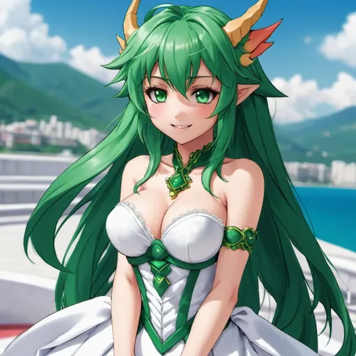 Prompt: Green_Hair, Puffy Dragon Girl, Drunk, Madness Extroverted, Soft Cute Gaze, Blind Warrior of 50 Legions of Demons, Anime, Deck out in Bridal Gear, Vesta Virgo