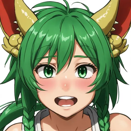 Prompt: Green_Hair, Puffy Dragon Girl, Drunk, Madness Extroverted, Embarrassed, Blind Warrior of 50 Legions of Demons, Anime, Grand Gesture of Rube Behavior, Unsightly Moron