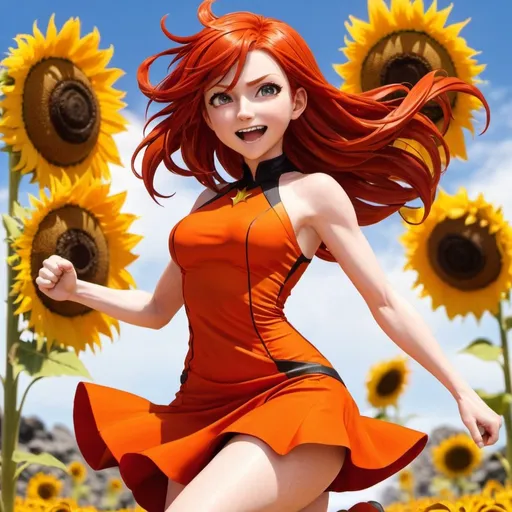 Prompt: Red_Hair, Lava Anime Lady, Powers of Luck & Skill, Notorious, Radical Radius, Orange Dress, Leg Sheen, Tomboy, Cheer and Joy, Joy of Sunflower