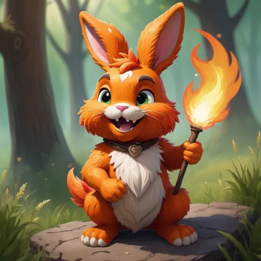 Prompt: In the center of a lush, green meadow, there stands Blaze, the Fire Rabbit, a creature of whimsy and flame. Blaze is a fluffy rabbit, slightly larger than average, with fur that shimmers like burning embers in the sunlight. His body is predominantly a warm, fiery orange hue, with patches of deep red and golden yellow, reminiscent of a crackling bonfire.

Blaze sits upright on his hind legs, his posture exuding confidence and mischief. His eyes are bright and mischievous, twinkling with a playful gleam. His ears, long and pointed, stand tall, as if they're eager to catch the next joke. From his twitching nose to the tip of his fluffy tail, Blaze radiates an aura of lightheartedness and joy.

Surrounding Blaze are wisps of flickering flames, dancing gracefully around him but never touching his fur. These flames add a dynamic element to the scene, as if Blaze is the master of fire itself, controlling it with his boundless energy and humor.

Blaze holds a wooden staff in one paw, topped with a miniature fireball that seems to bob and weave in the air above him, mirroring his jovial demeanor. On the staff, there are carvings of laughing faces and whimsical symbols, hinting at Blaze's love for spreading joy and laughter wherever he goes.

In the background, rolling hills and tall trees create a picturesque setting, bathed in warm sunlight. Birds chirp melodiously, and a gentle breeze rustles the leaves, adding to the serene ambiance of the scene.

Blaze wears a mischievous grin, as if he's about to crack a joke or unleash a witty pun at any moment. His humor is infectious, and even the most stoic of creatures can't help but chuckle in his presence.