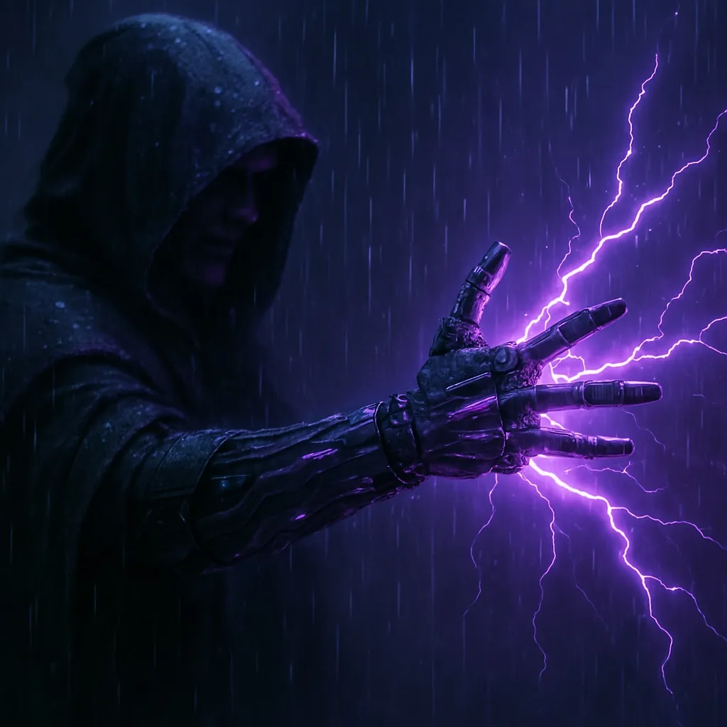 Prompt: cybernetic force power, rainy day, purple neon activation