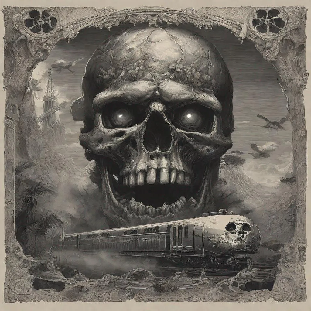 Prompt: Glazed Eyed, Evil Locometer, Train of Skull Island, by Luigi Greydof