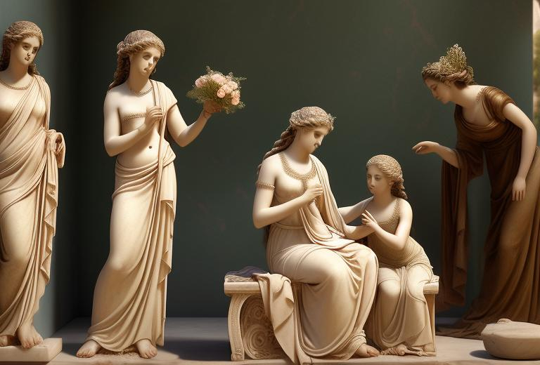 Prompt: A scene of wedding preparations on an ancient Greek. This particular scene shows two  Nereids (sea nymphs and daughters of Nereus). A seated Thaleia, waits for her sister Glauke to put her necklace on.