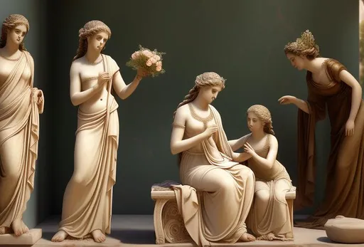 Prompt: A scene of wedding preparations on an ancient Greek. This particular scene shows two  Nereids (sea nymphs and daughters of Nereus). A seated Thaleia, waits for her sister Glauke to put her necklace on.