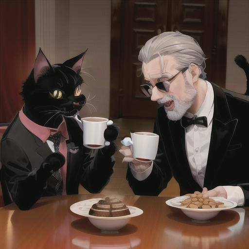 Prompt: A demonic cat and a actor acting as a funny man. The demonic black cat wearing a checkered vest is drinking coffee at table. the funny man dressed ridiculously is taking with the black cat. ultra wide