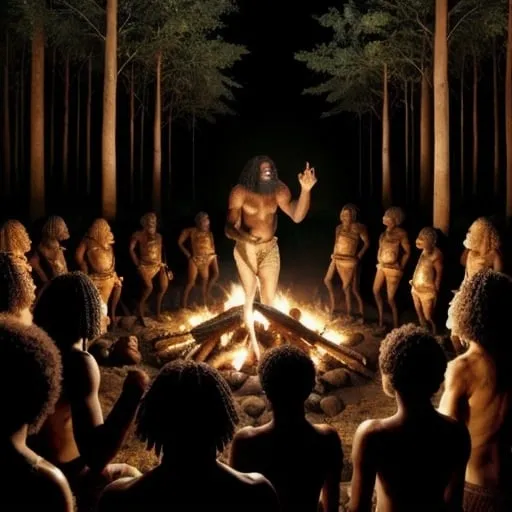Prompt: Sparsely clad Stone Age African caveman addressing a large group of cavemen and women standing around a big campfire in the forest at night.
