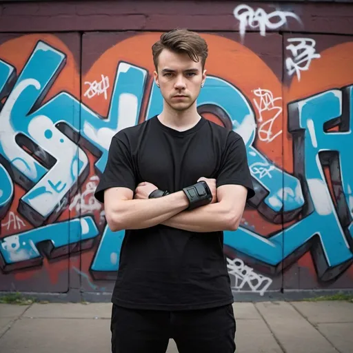 Prompt: a man standing in front of a wall with graffiti on it, his hands held straight down in front of his waist, handcuffs on his wrists, Jake Hill, cubo-futurism, promotional image, a character portrait